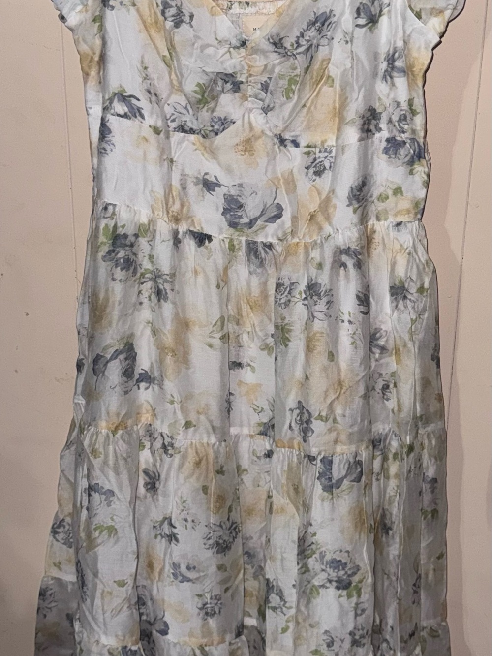 MELLODAY White Floral Tiered Midi Dress with Yellow and Gray Accents